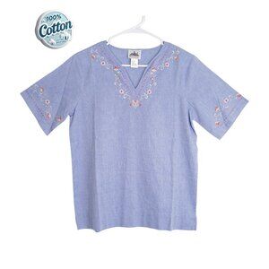 Metropolitan Women’s V-Neck Blouse Embroidered Blue Cotton Top Small India🌸